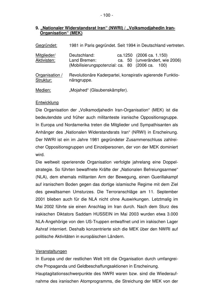Seite 100 des Verfassungsschutzbericht 2007 Bremen