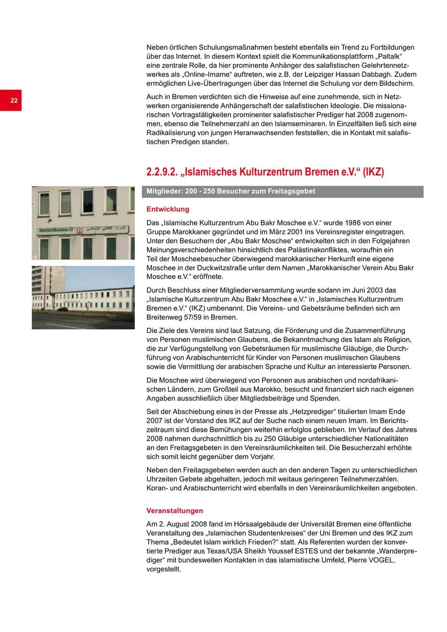 Seite 22 des Verfassungsschutzbericht 2008 Bremen