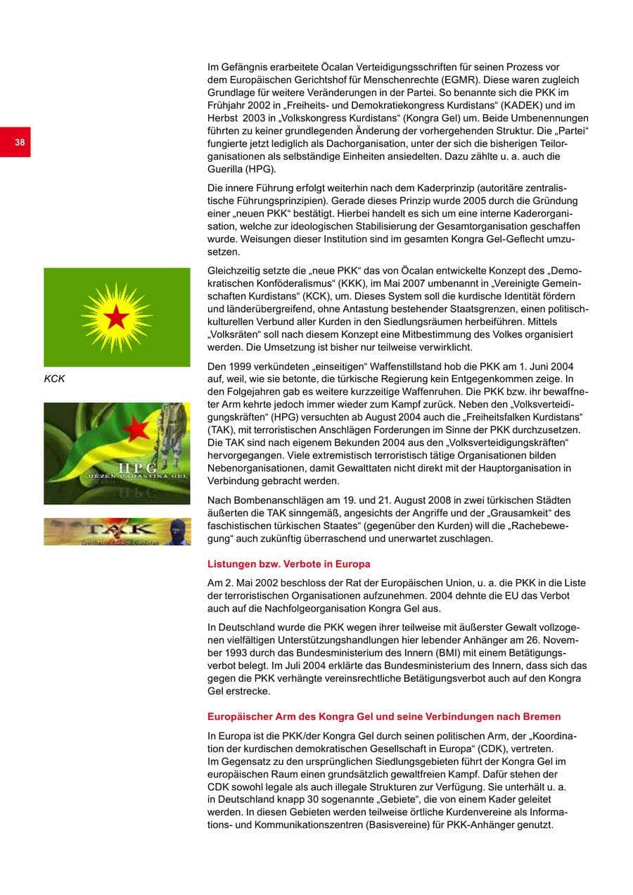 Seite 38 des Verfassungsschutzbericht 2008 Bremen