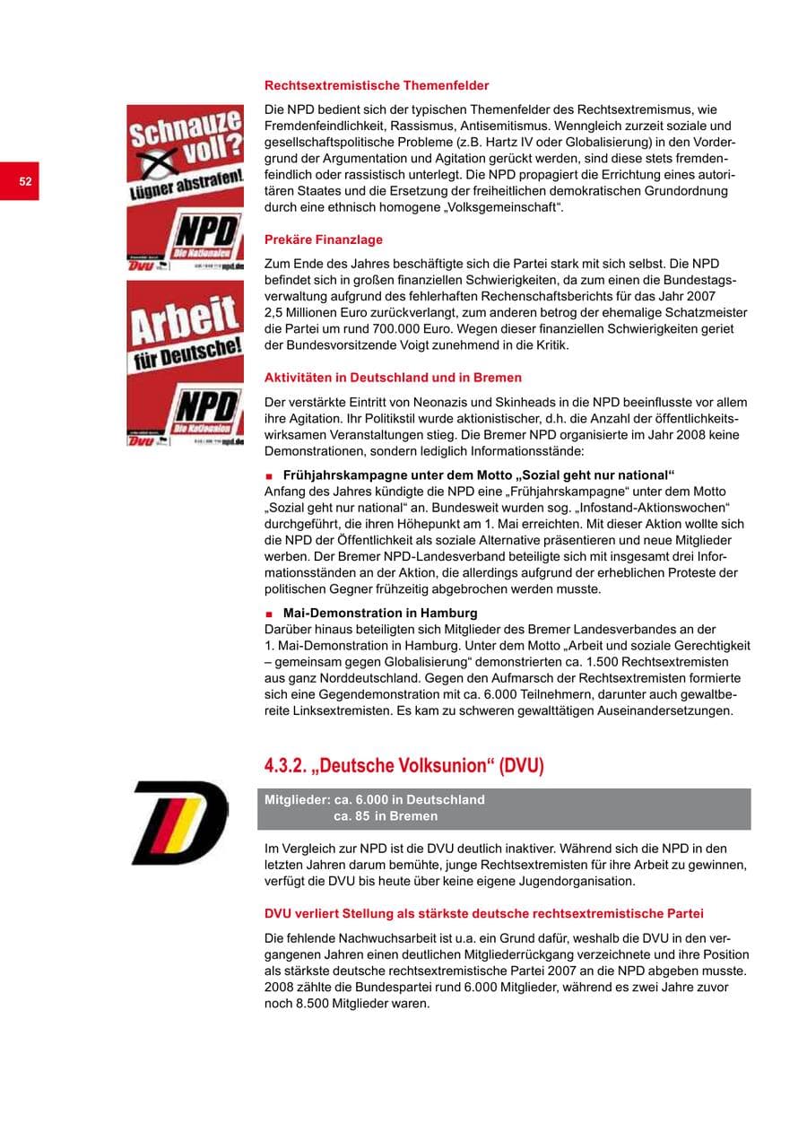 Seite 52 des Verfassungsschutzbericht 2008 Bremen