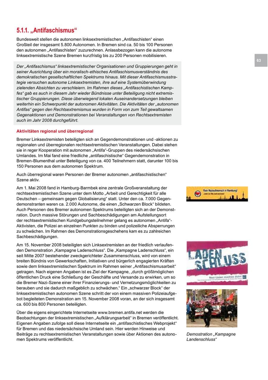 Seite 63 des Verfassungsschutzbericht 2008 Bremen