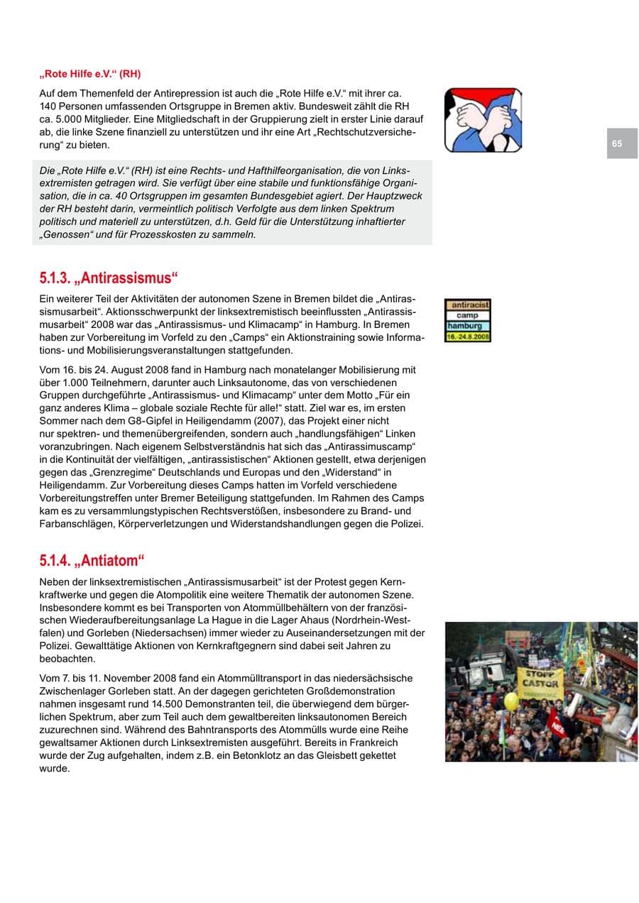 Seite 65 des Verfassungsschutzbericht 2008 Bremen