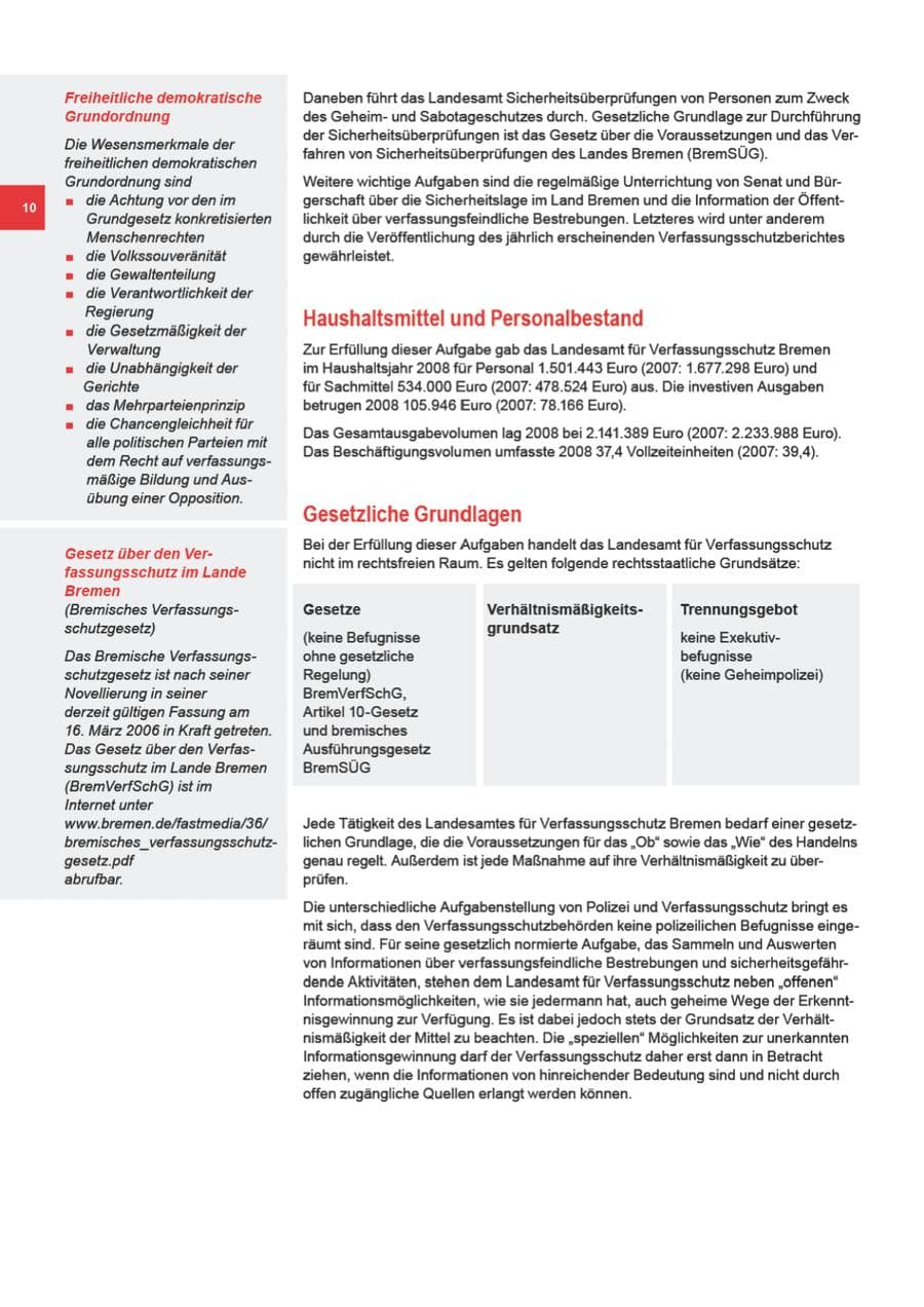 Seite 10 des Verfassungsschutzbericht 2008 Bremen
