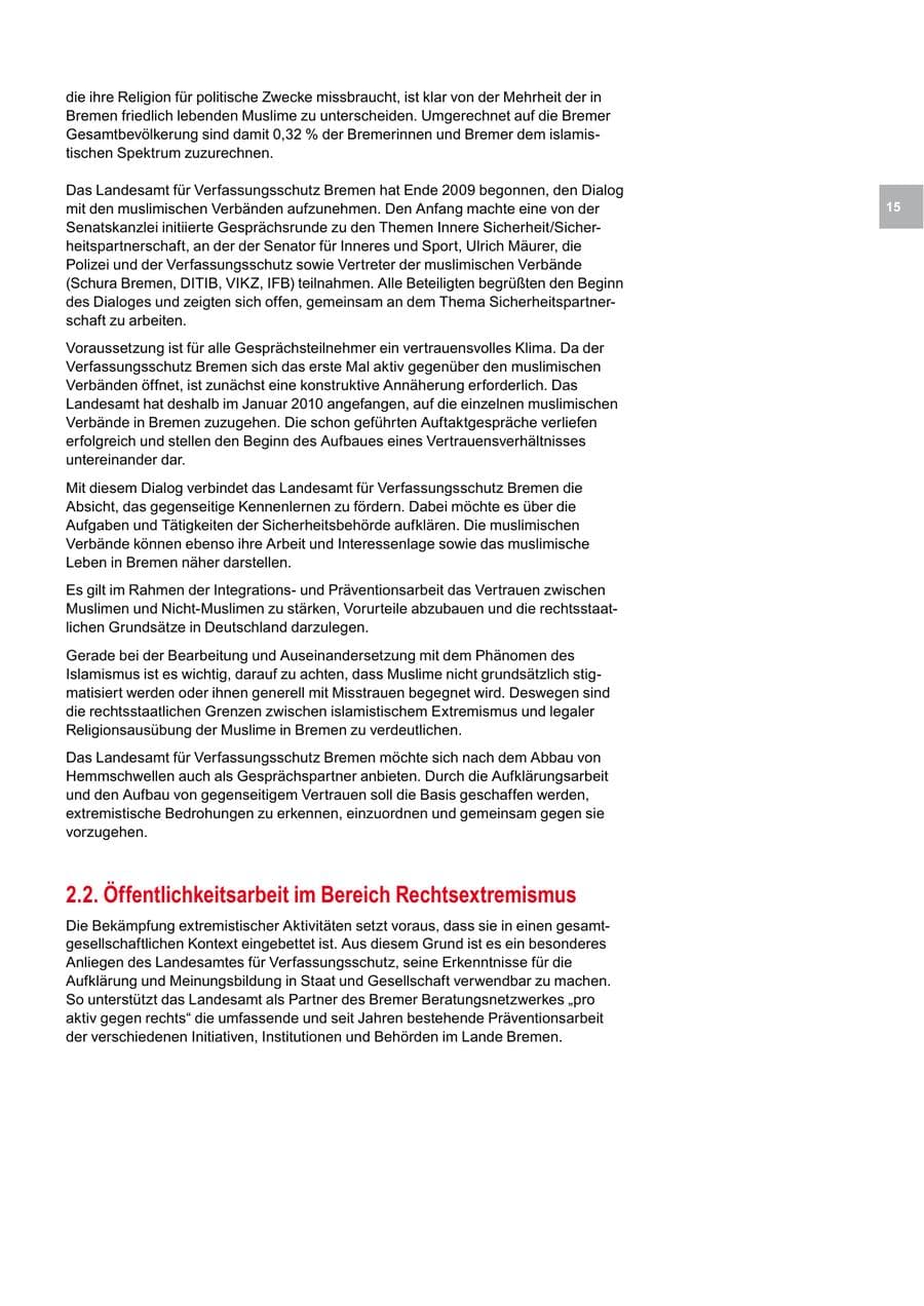 Seite 15 des Verfassungsschutzbericht 2009 Bremen