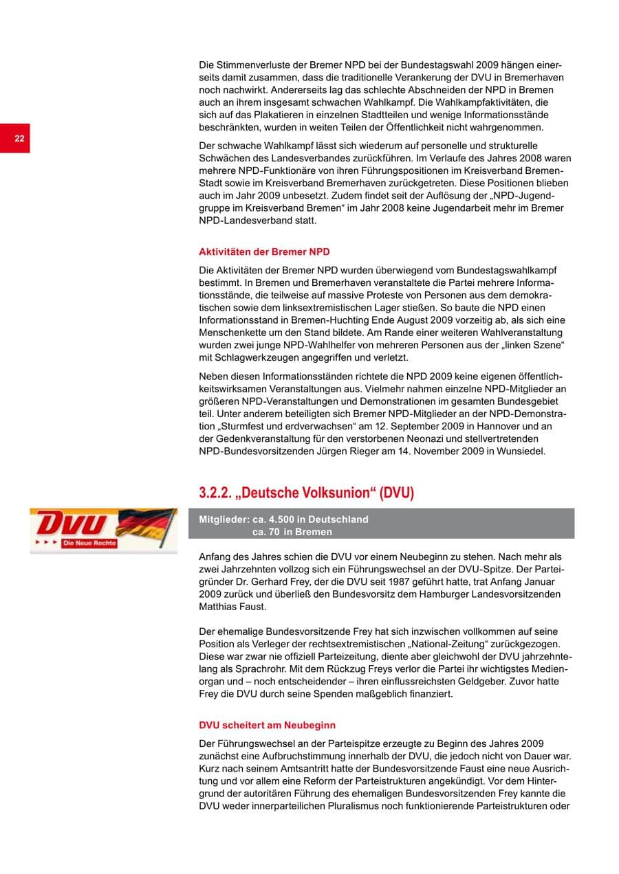 Seite 22 des Verfassungsschutzbericht 2009 Bremen