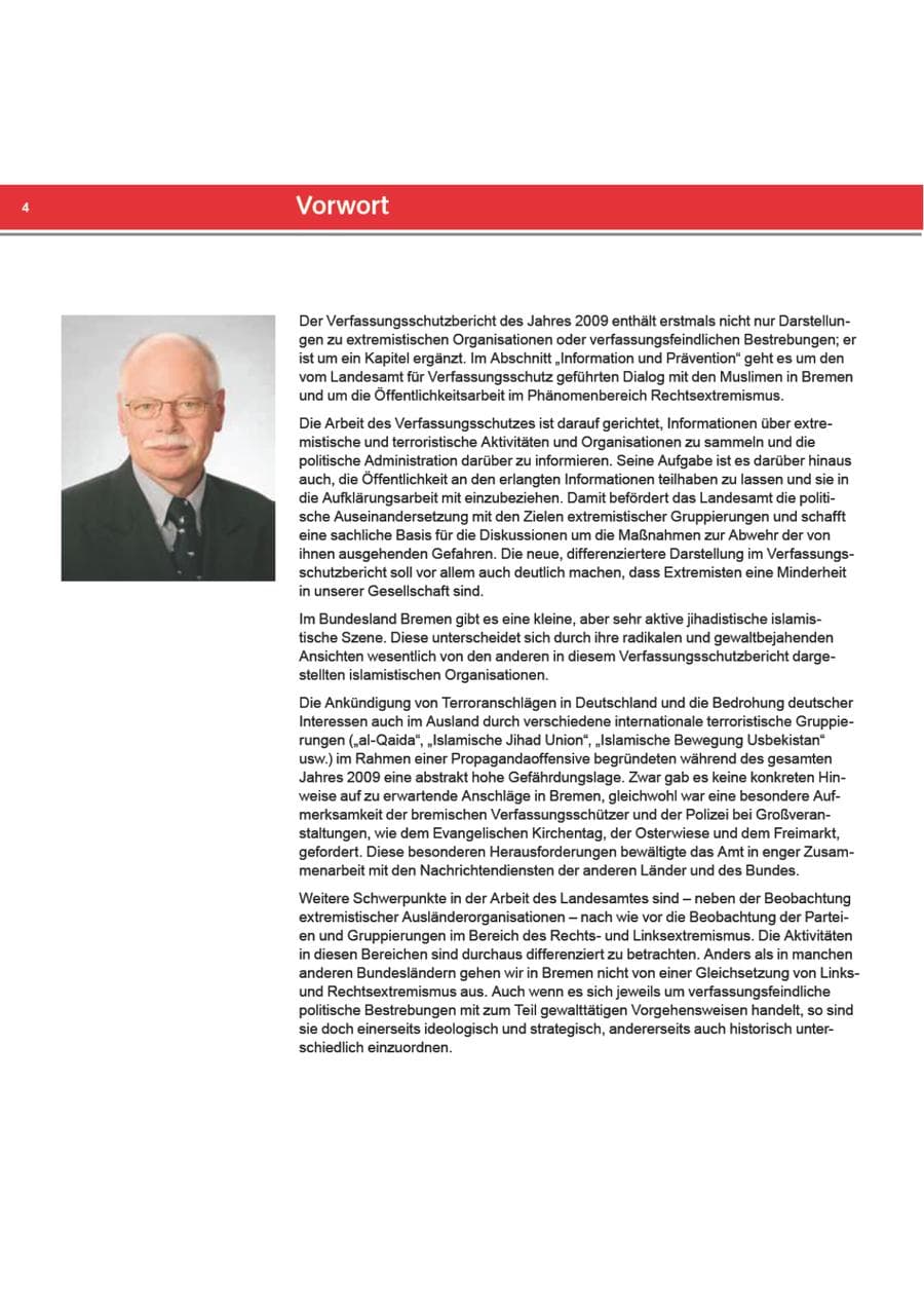 Seite 4 des Verfassungsschutzbericht 2009 Bremen