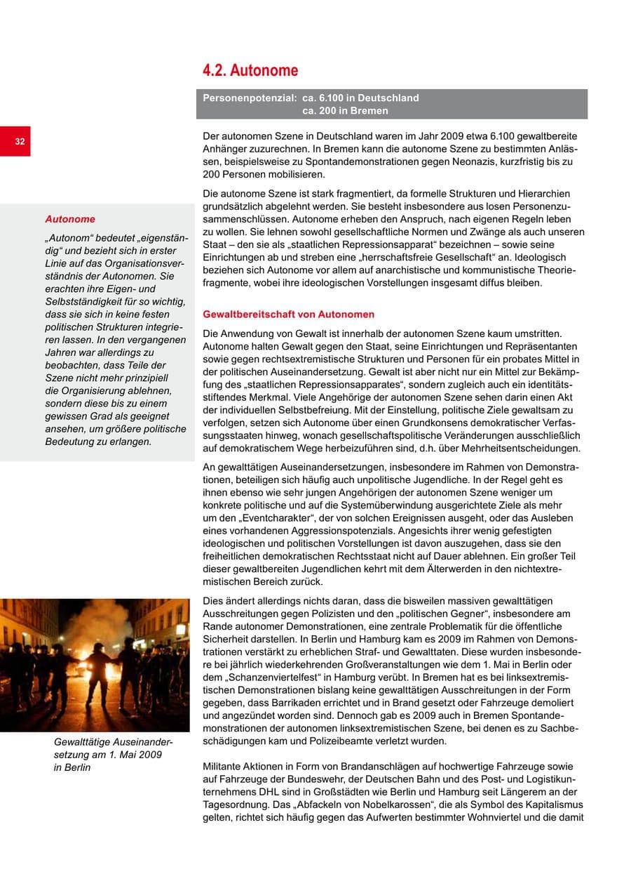 Seite 32 des Verfassungsschutzbericht 2009 Bremen
