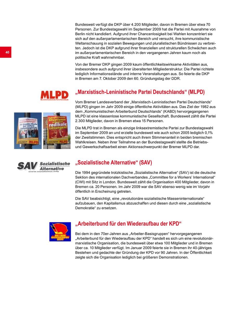 Seite 40 des Verfassungsschutzbericht 2009 Bremen