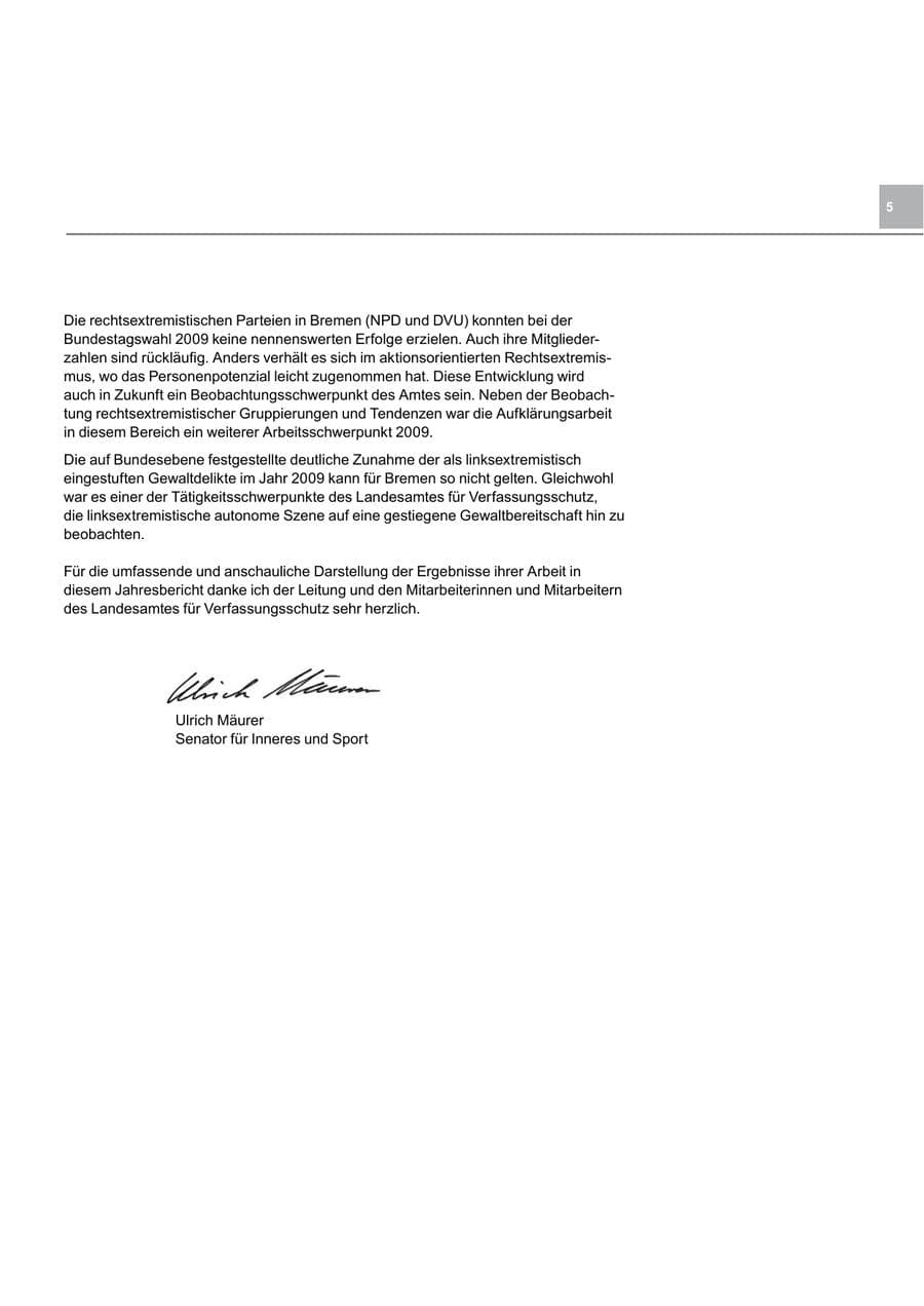 Seite 5 des Verfassungsschutzbericht 2009 Bremen