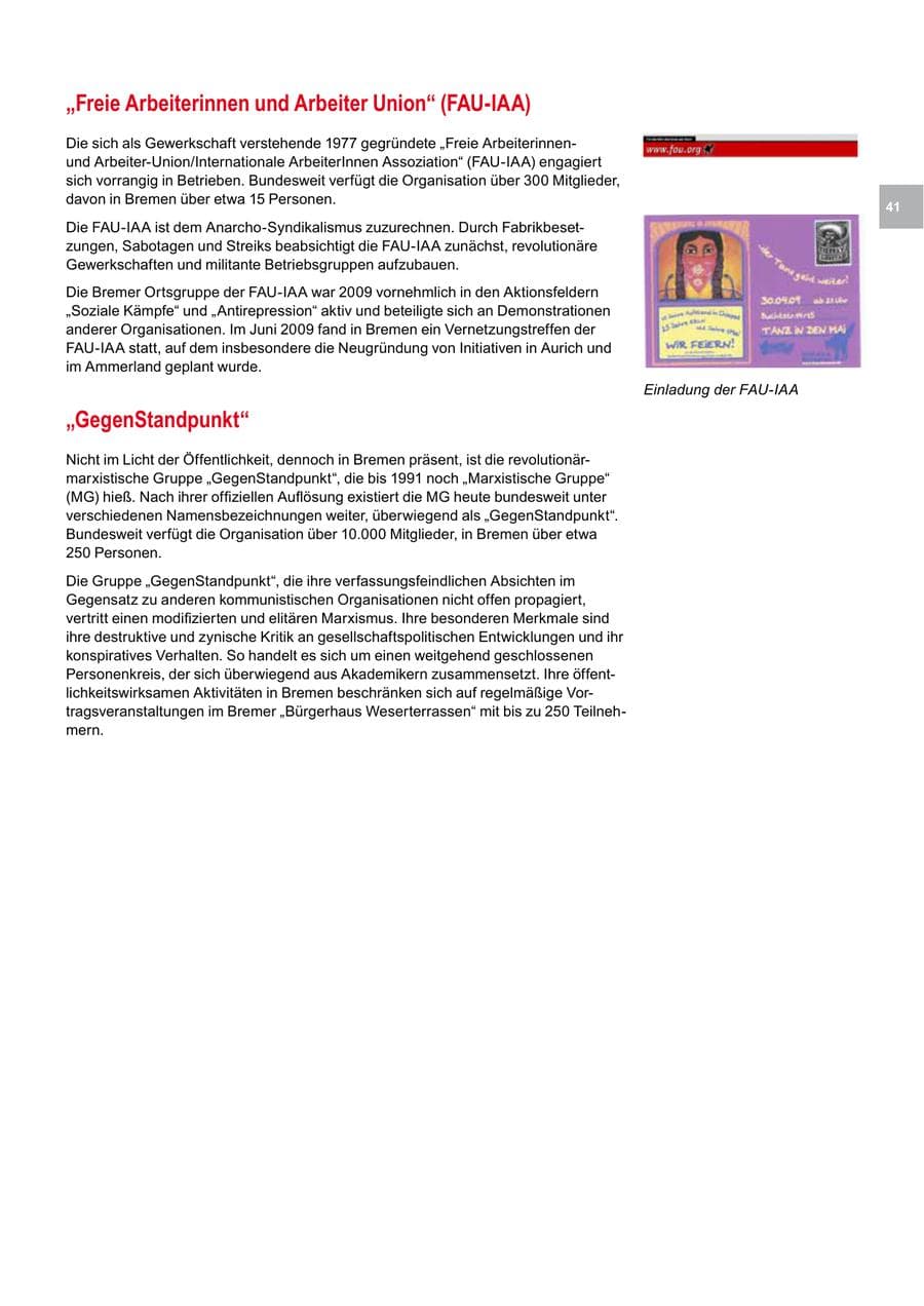 Seite 41 des Verfassungsschutzbericht 2009 Bremen