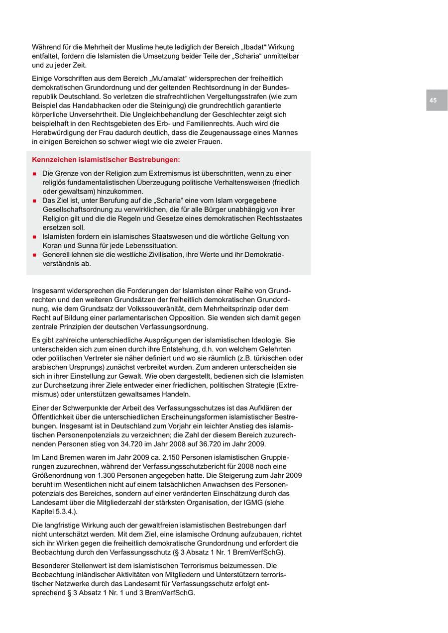 Seite 45 des Verfassungsschutzbericht 2009 Bremen