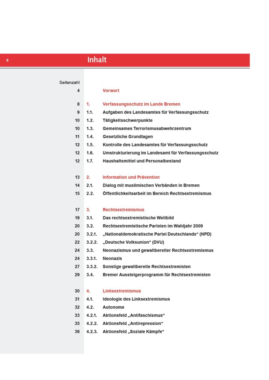 Seite 6 des Verfassungsschutzbericht 2009 Bremen