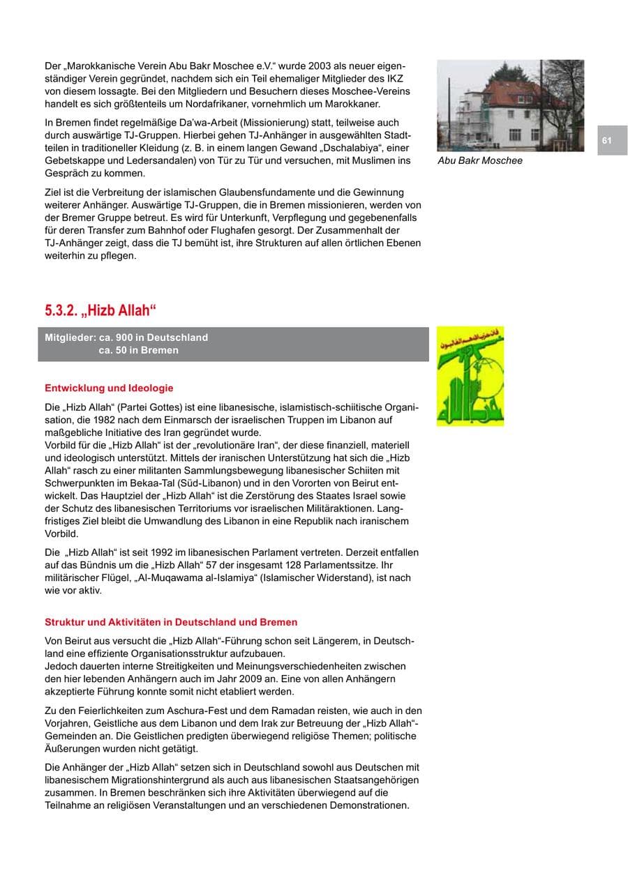 Seite 61 des Verfassungsschutzbericht 2009 Bremen