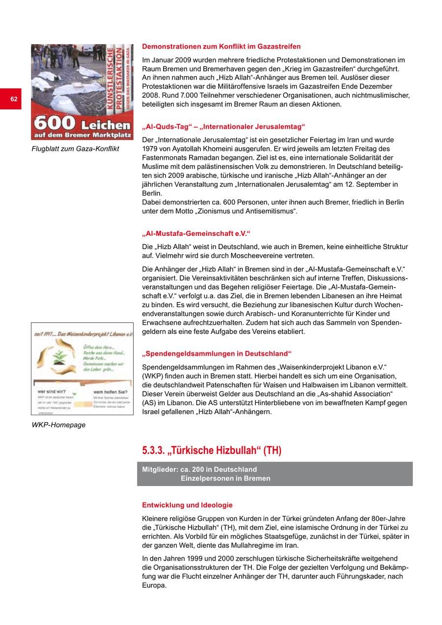 Seite 62 des Verfassungsschutzbericht 2009 Bremen