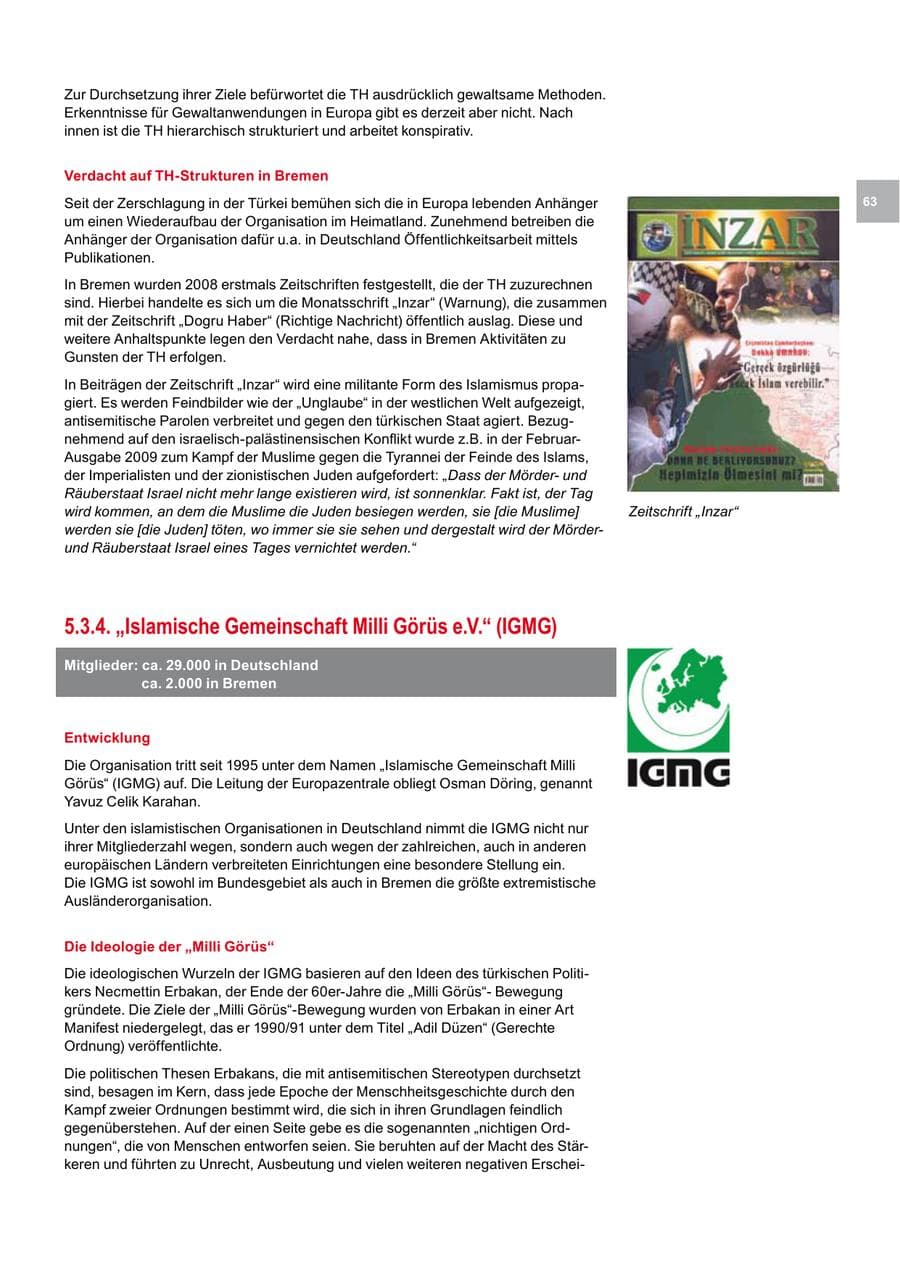 Seite 63 des Verfassungsschutzbericht 2009 Bremen