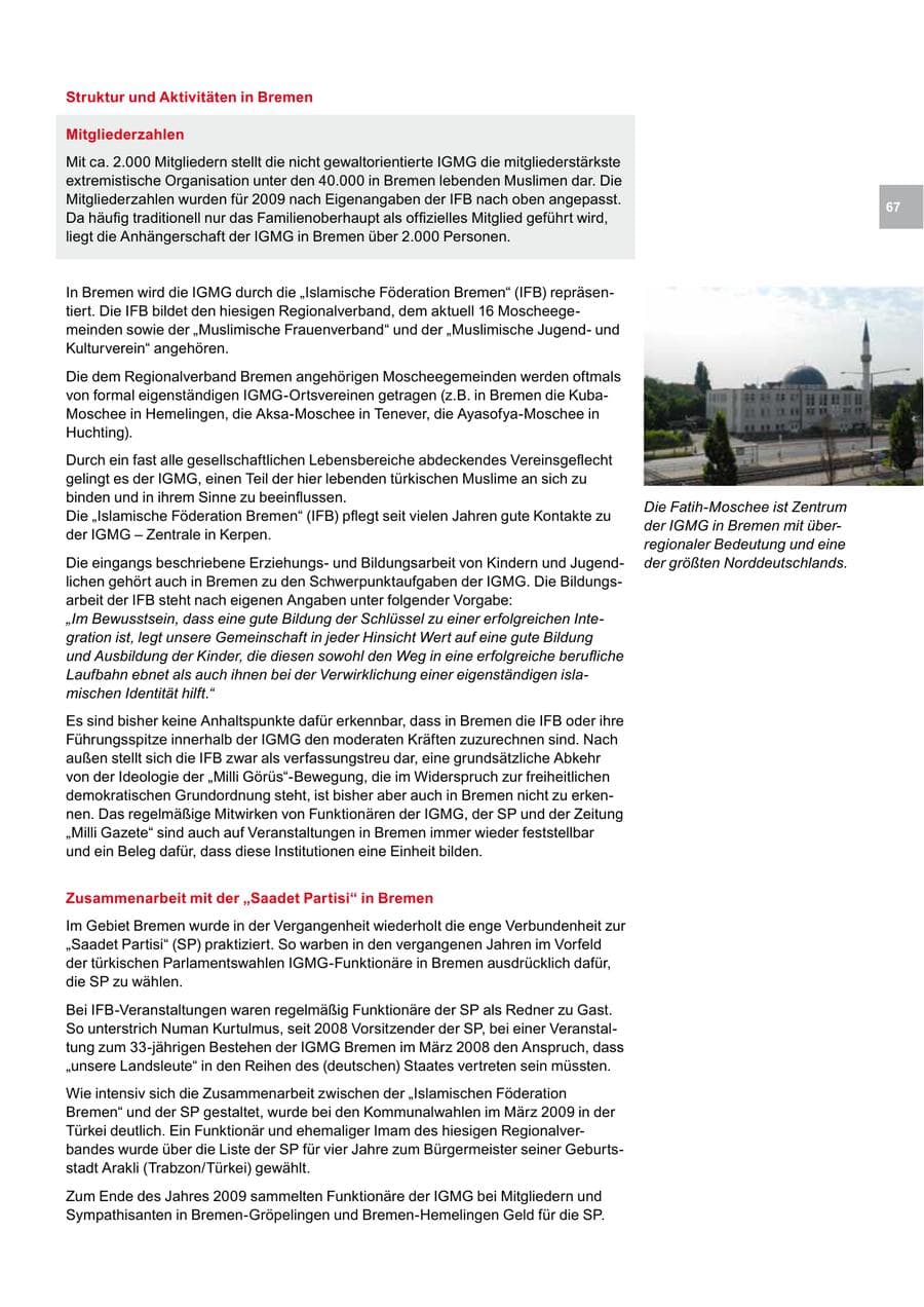 Seite 67 des Verfassungsschutzbericht 2009 Bremen
