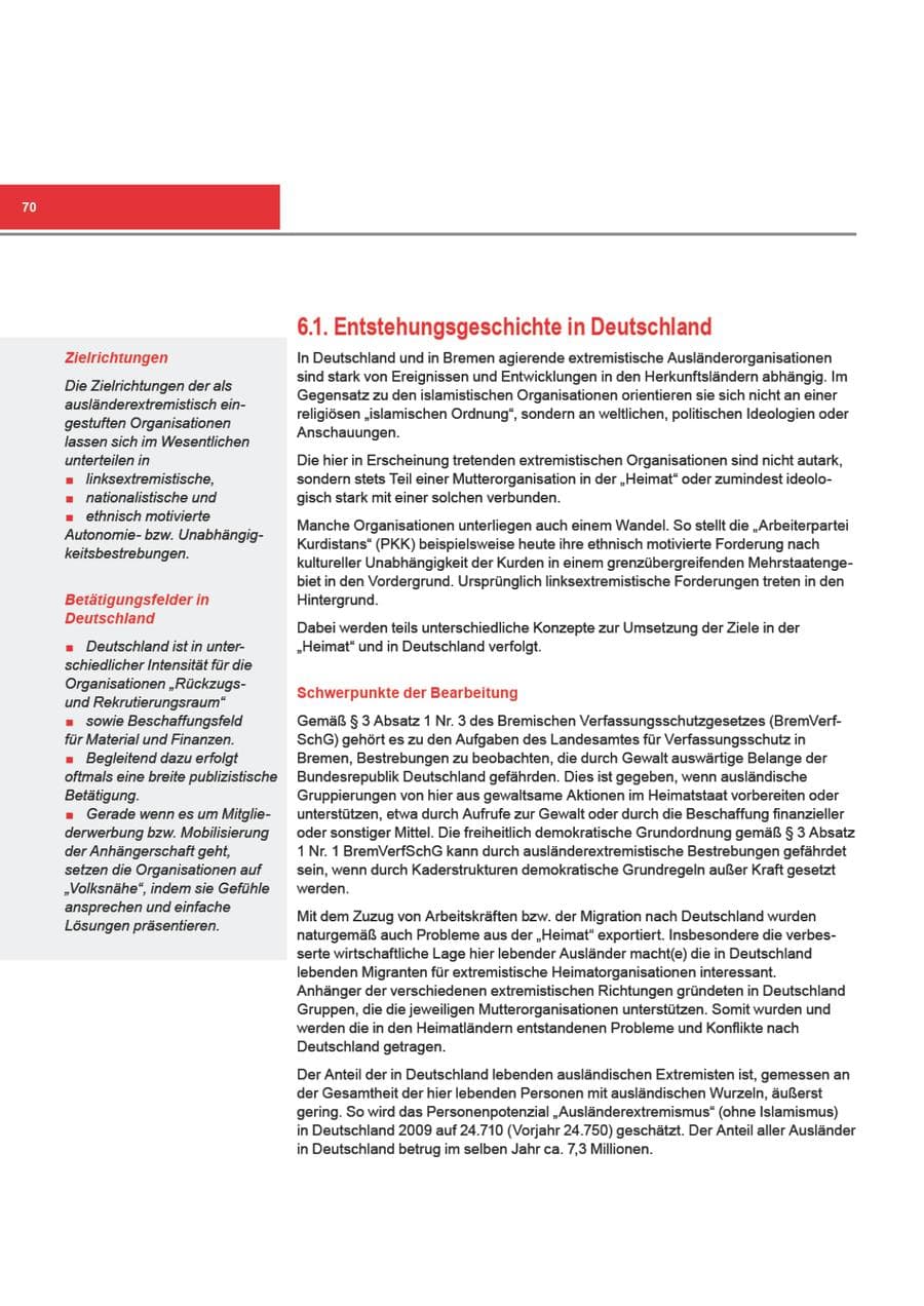 Seite 70 des Verfassungsschutzbericht 2009 Bremen