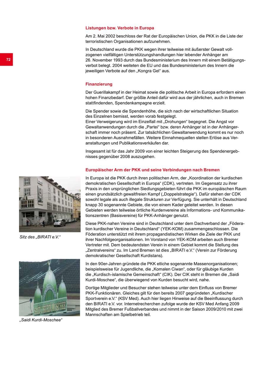 Seite 72 des Verfassungsschutzbericht 2009 Bremen