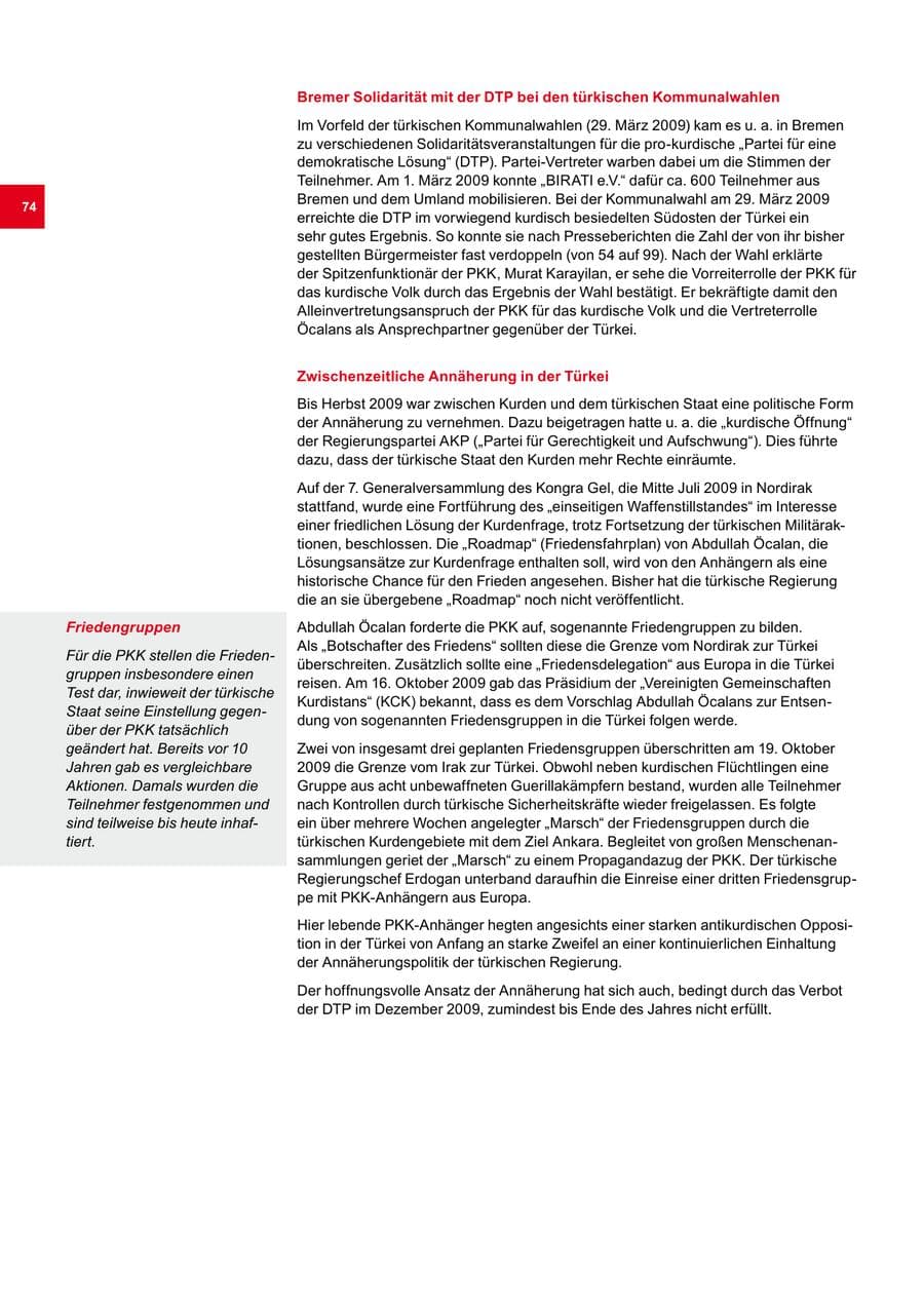 Seite 74 des Verfassungsschutzbericht 2009 Bremen
