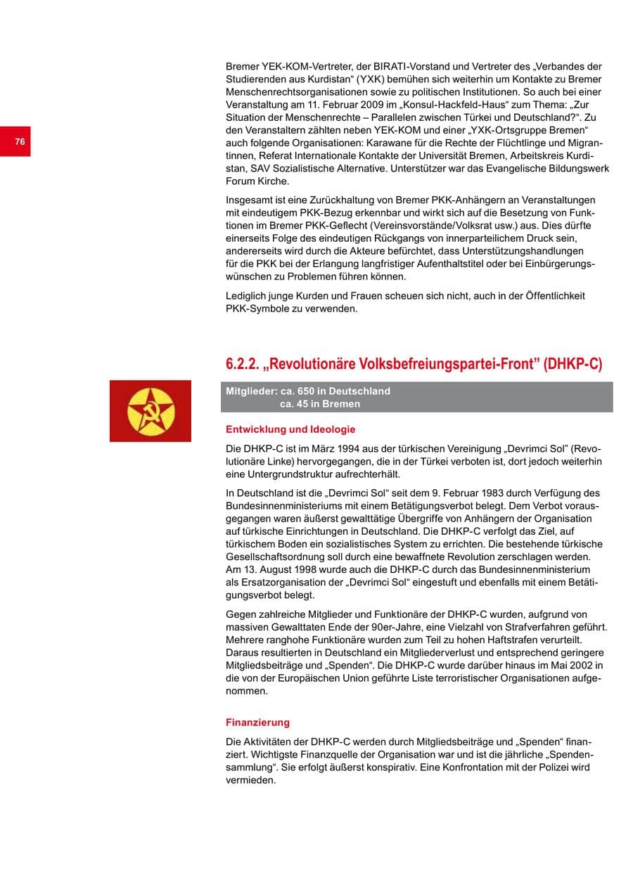 Seite 76 des Verfassungsschutzbericht 2009 Bremen
