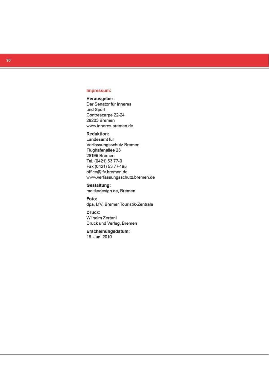 Seite 90 des Verfassungsschutzbericht 2009 Bremen