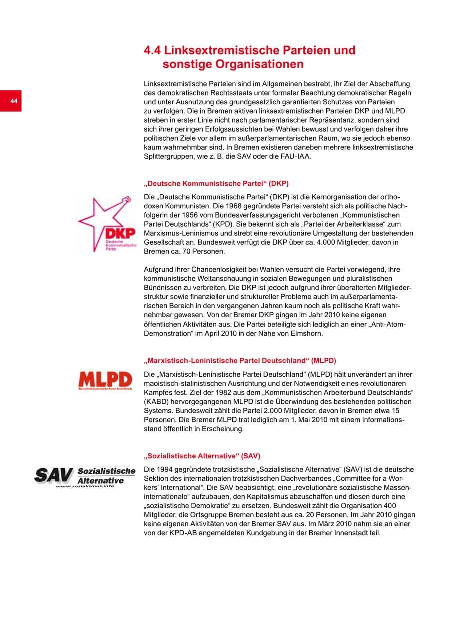 Seite 44 des Verfassungsschutzbericht 2010 Bremen