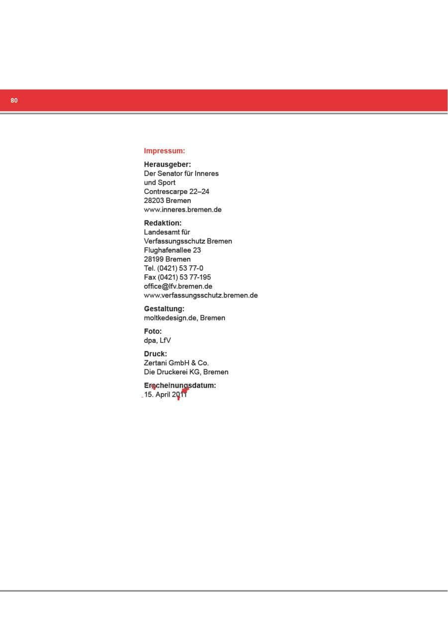 Seite 80 des Verfassungsschutzbericht 2010 Bremen