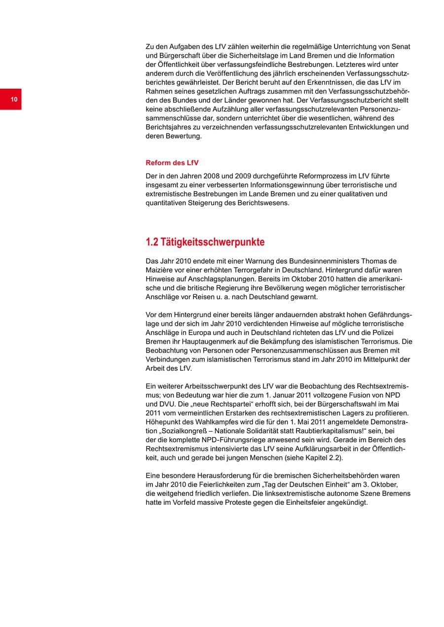 Seite 10 des Verfassungsschutzbericht 2010 Bremen