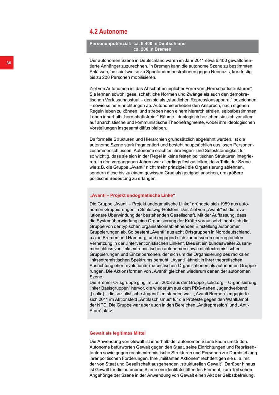 Seite 36 des Verfassungsschutzbericht 2011 Bremen