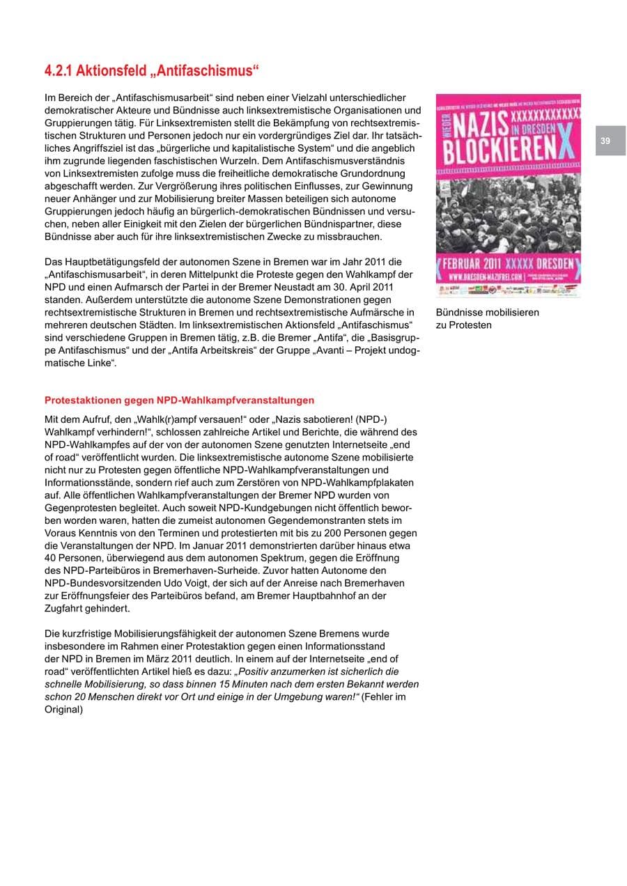Seite 39 des Verfassungsschutzbericht 2011 Bremen