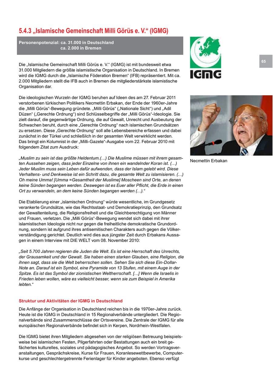 Seite 65 des Verfassungsschutzbericht 2011 Bremen