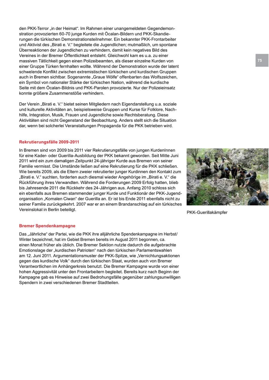 Seite 75 des Verfassungsschutzbericht 2011 Bremen