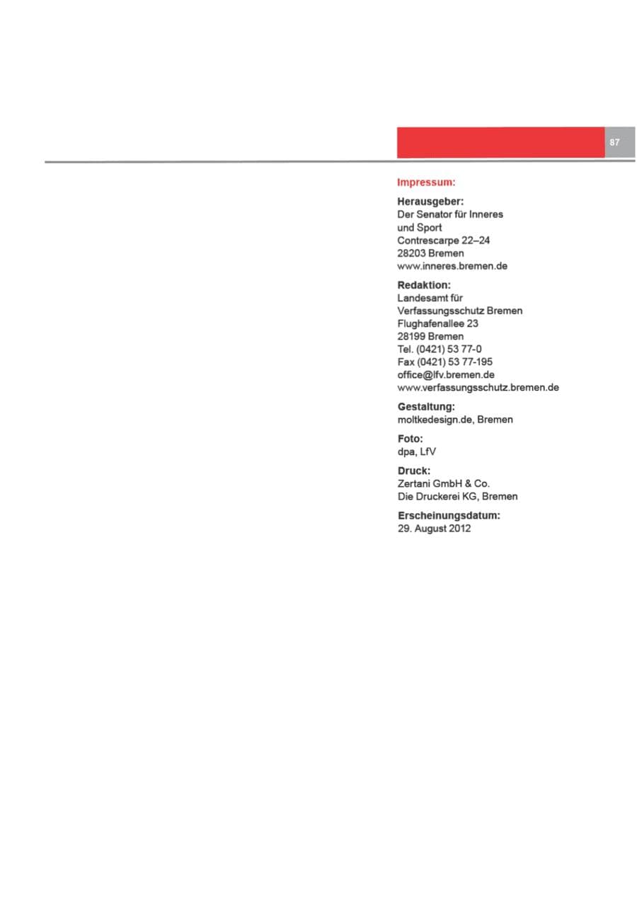 Seite 87 des Verfassungsschutzbericht 2011 Bremen