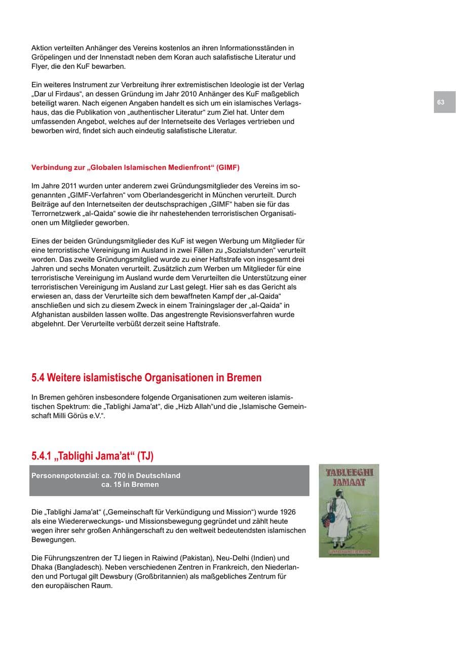 Seite 63 des Verfassungsschutzbericht 2012 Bremen