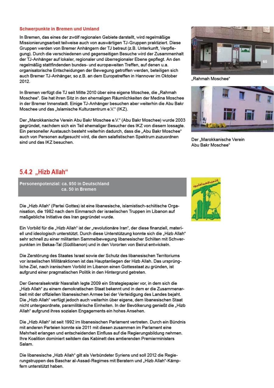 Seite 65 des Verfassungsschutzbericht 2012 Bremen