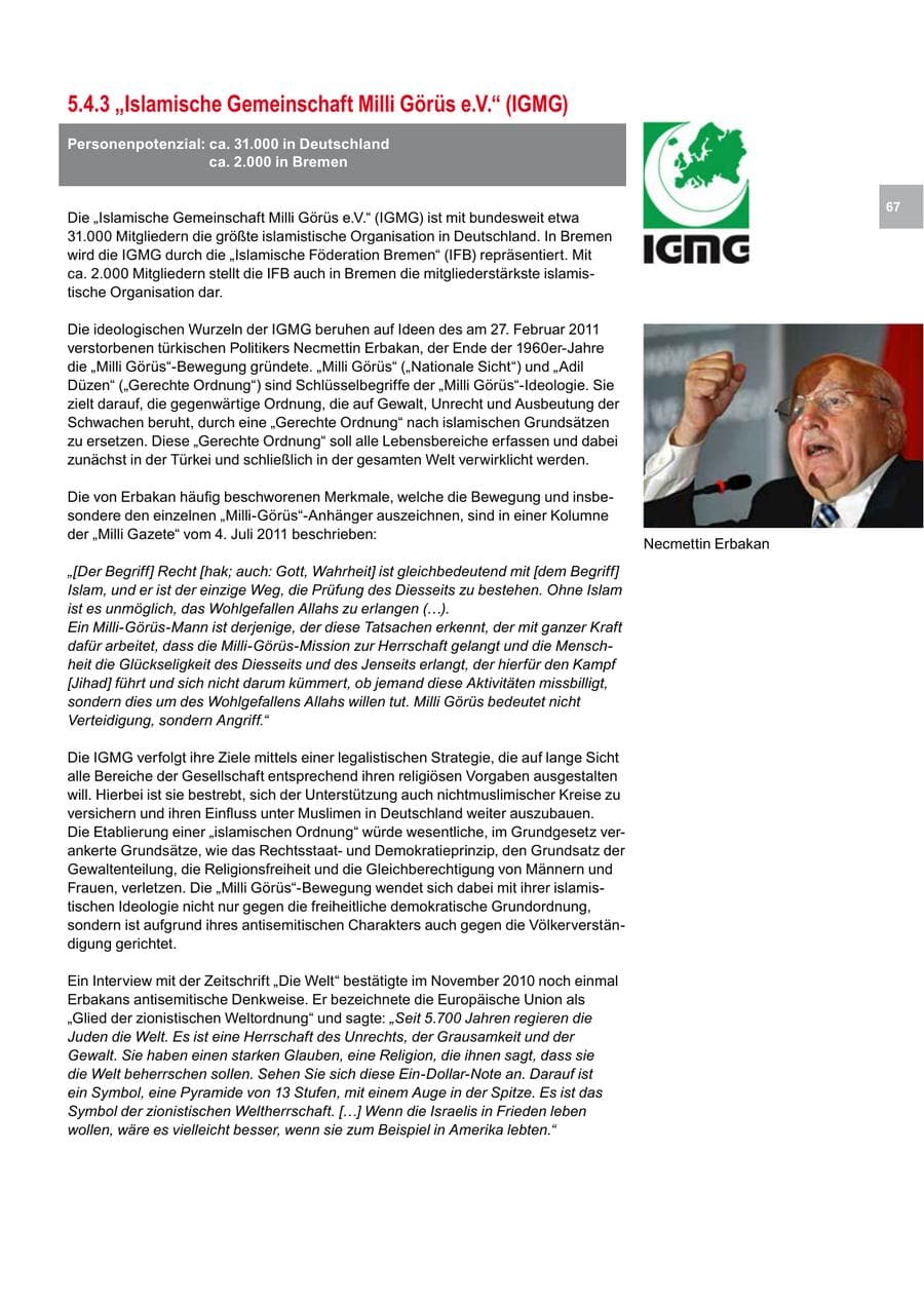 Seite 67 des Verfassungsschutzbericht 2012 Bremen