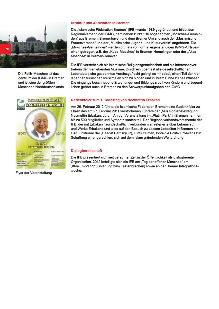 Seite 70 des Verfassungsschutzbericht 2012 Bremen