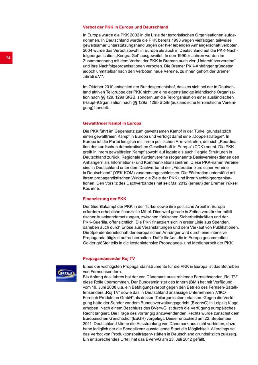 Seite 74 des Verfassungsschutzbericht 2012 Bremen