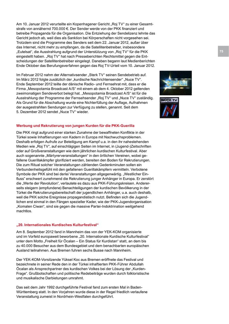 Seite 75 des Verfassungsschutzbericht 2012 Bremen