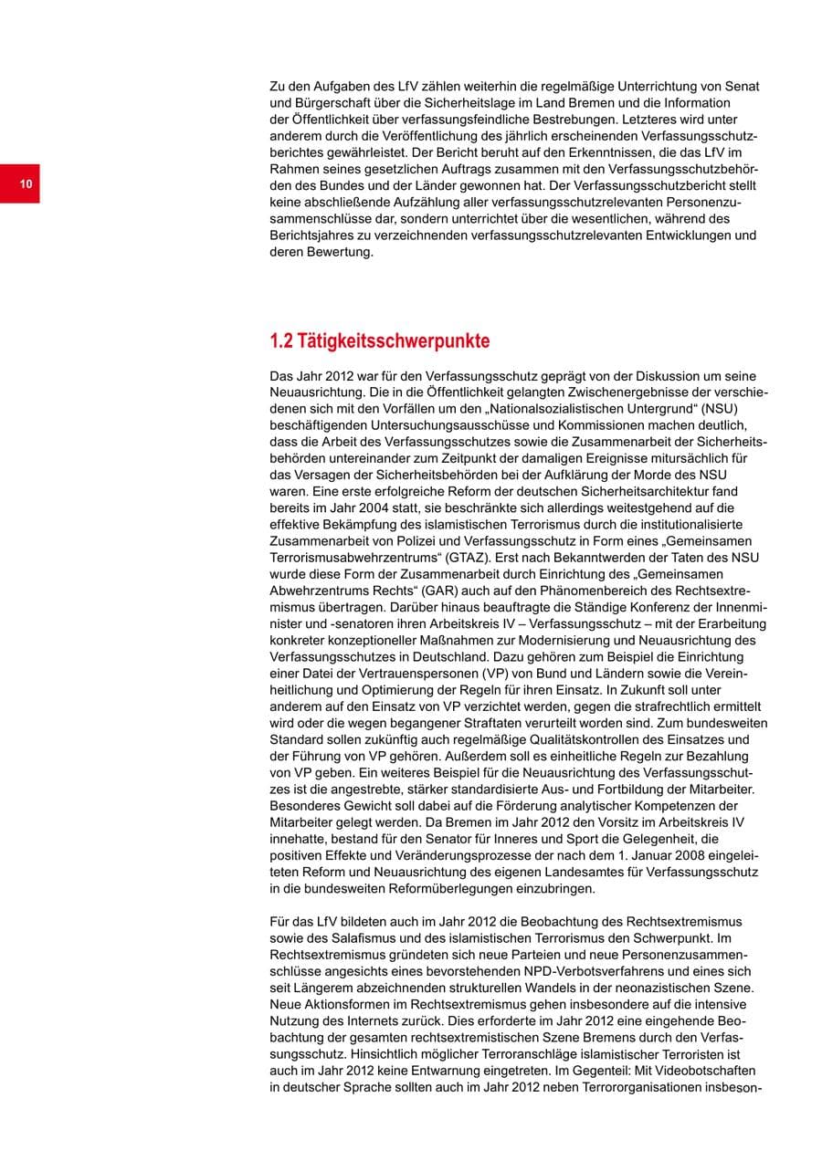 Seite 10 des Verfassungsschutzbericht 2012 Bremen