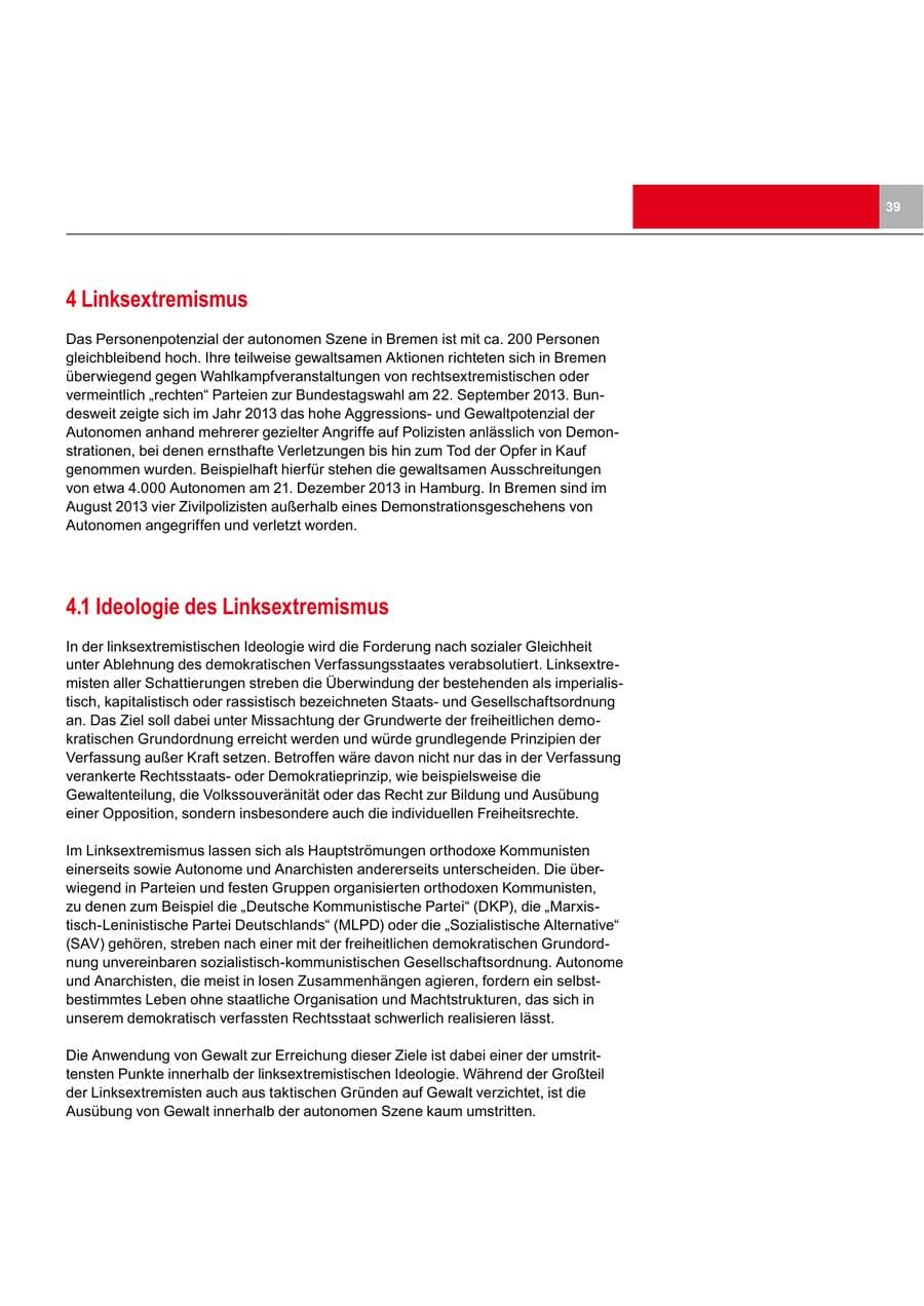 Seite 39 des Verfassungsschutzbericht 2013 Bremen
