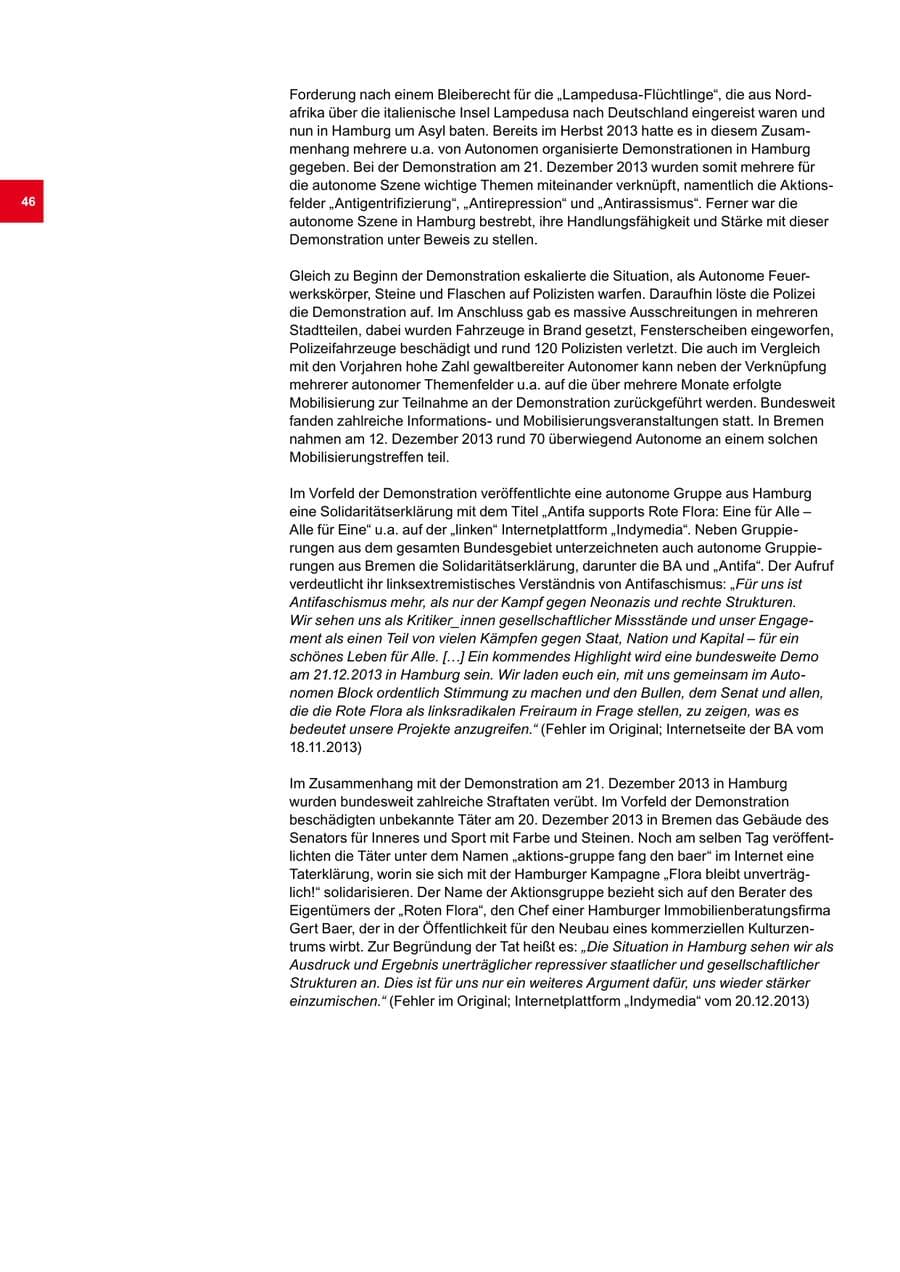 Seite 46 des Verfassungsschutzbericht 2013 Bremen
