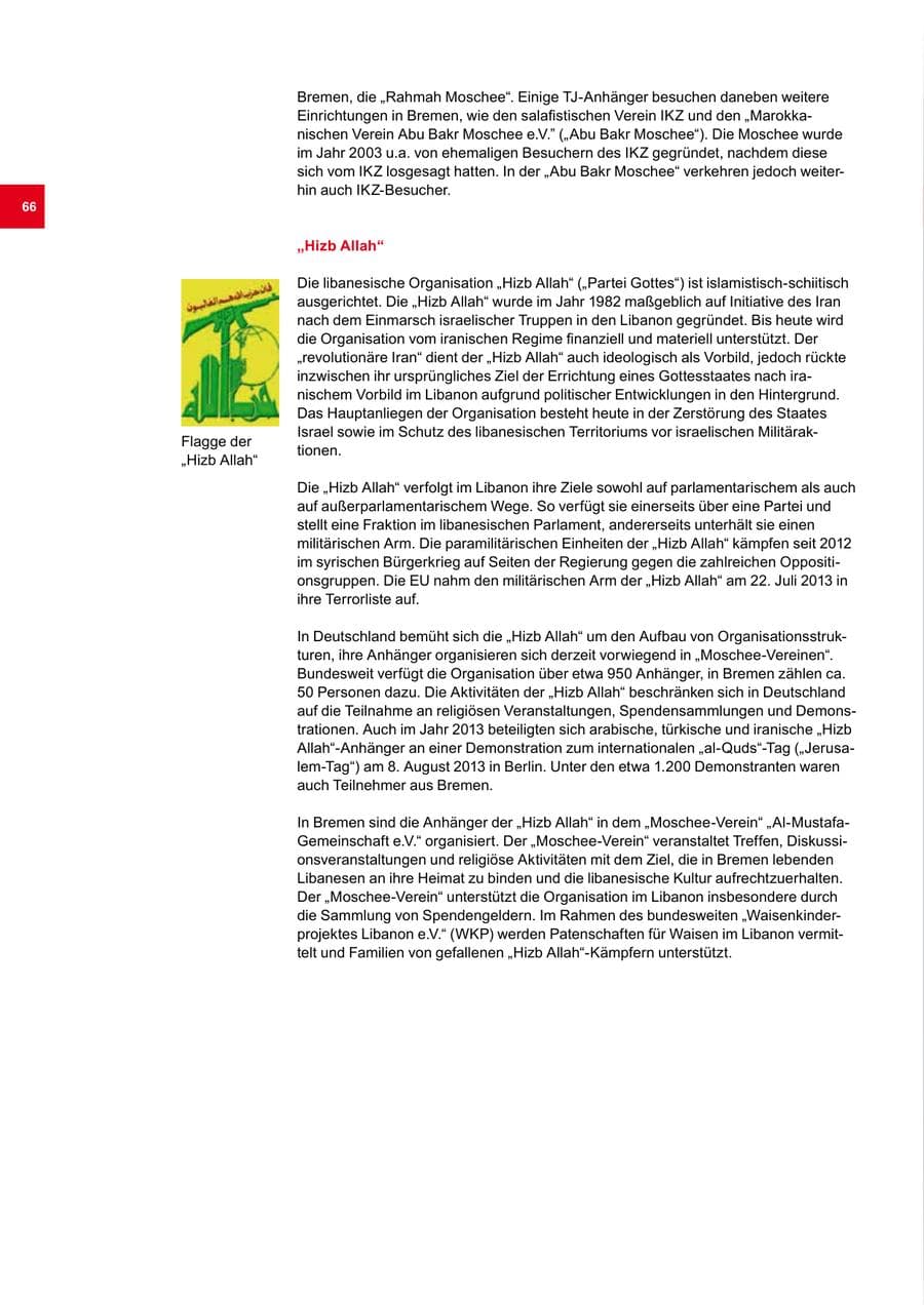 Seite 66 des Verfassungsschutzbericht 2013 Bremen