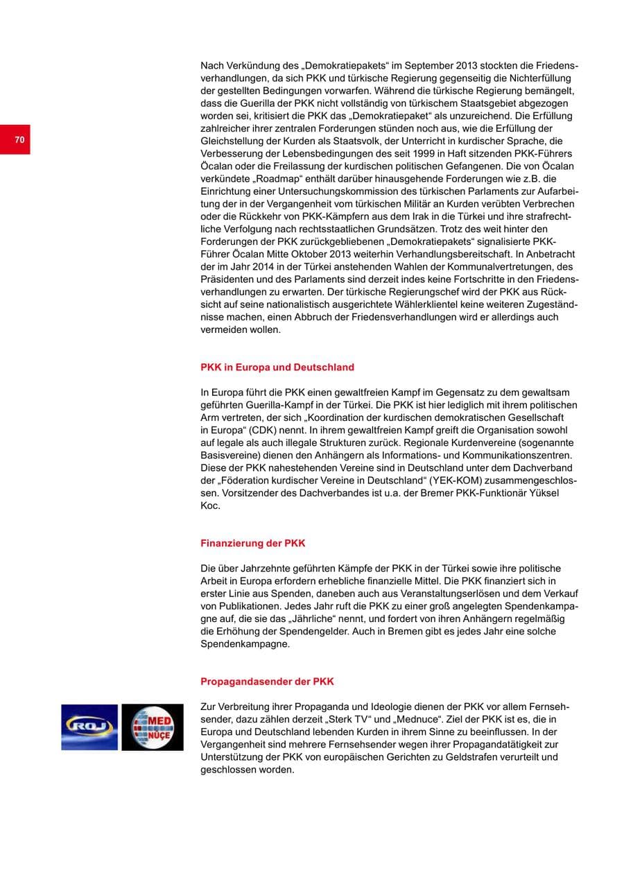 Seite 70 des Verfassungsschutzbericht 2013 Bremen