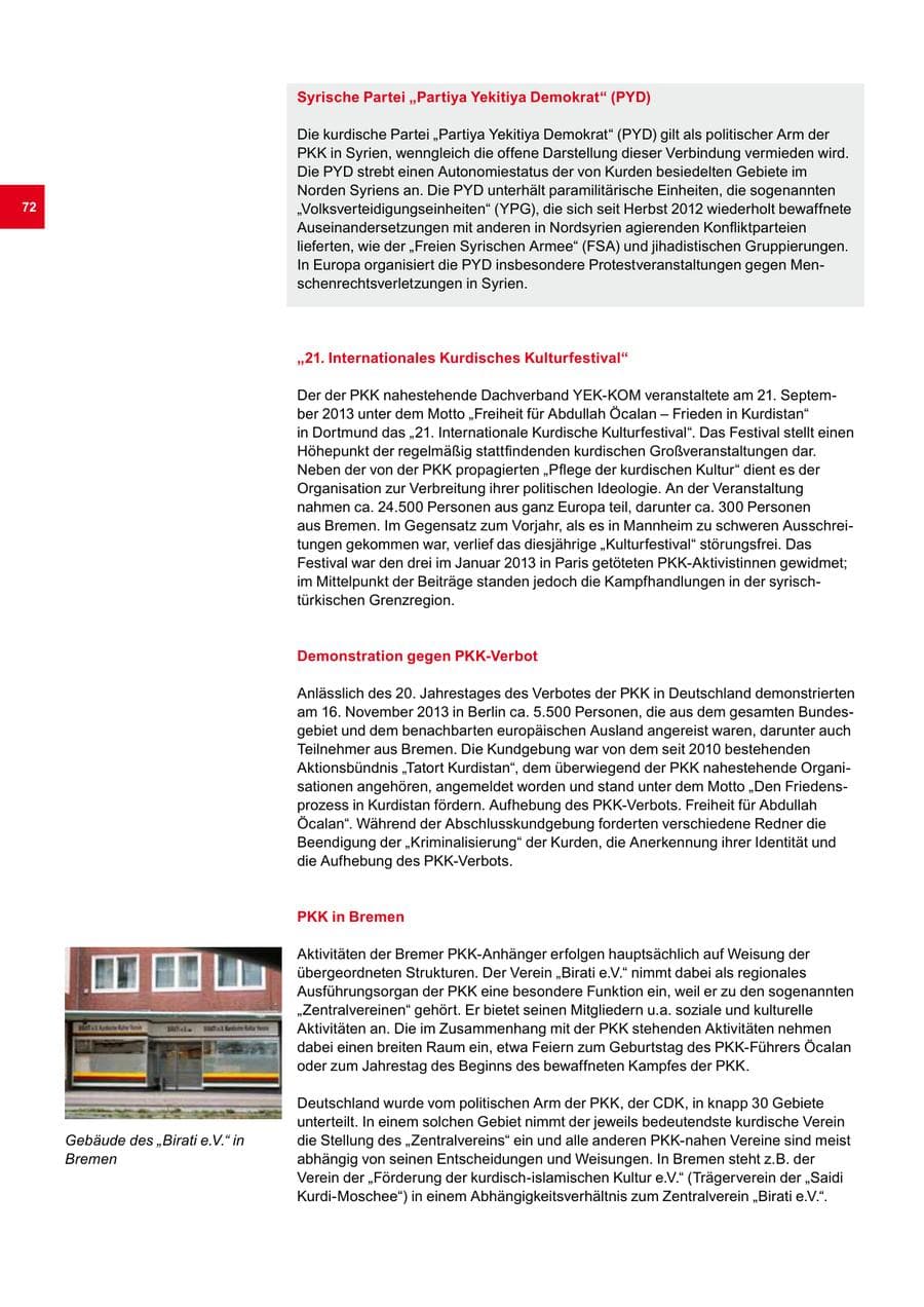 Seite 72 des Verfassungsschutzbericht 2013 Bremen