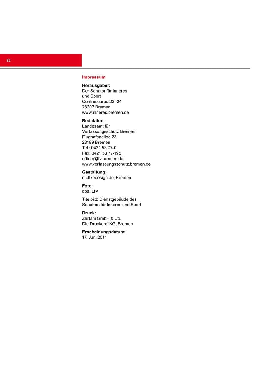 Seite 82 des Verfassungsschutzbericht 2013 Bremen