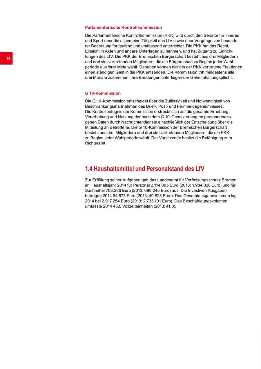 Seite 14 des Verfassungsschutzbericht 2014 Bremen
