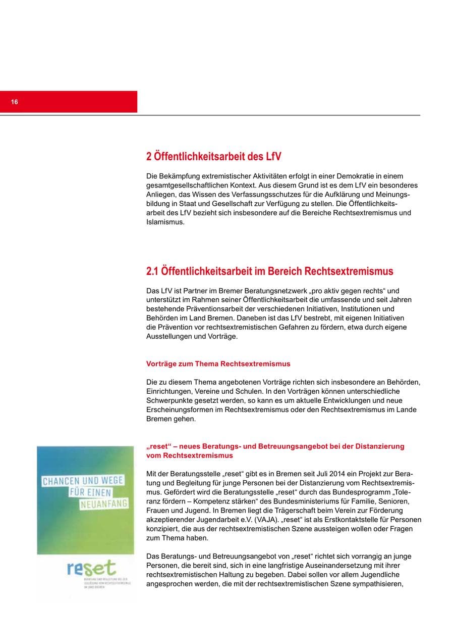 Seite 16 des Verfassungsschutzbericht 2014 Bremen