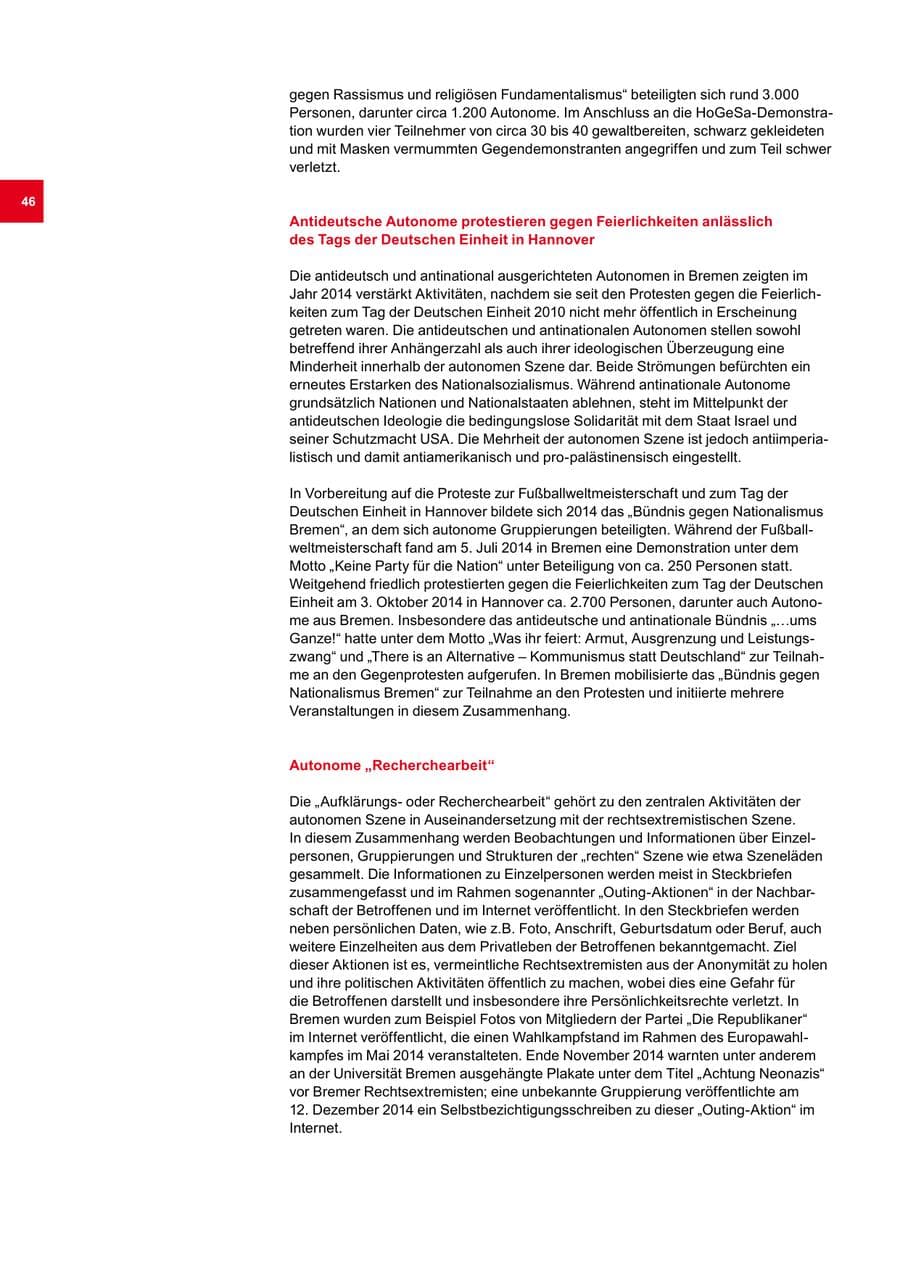 Seite 46 des Verfassungsschutzbericht 2014 Bremen
