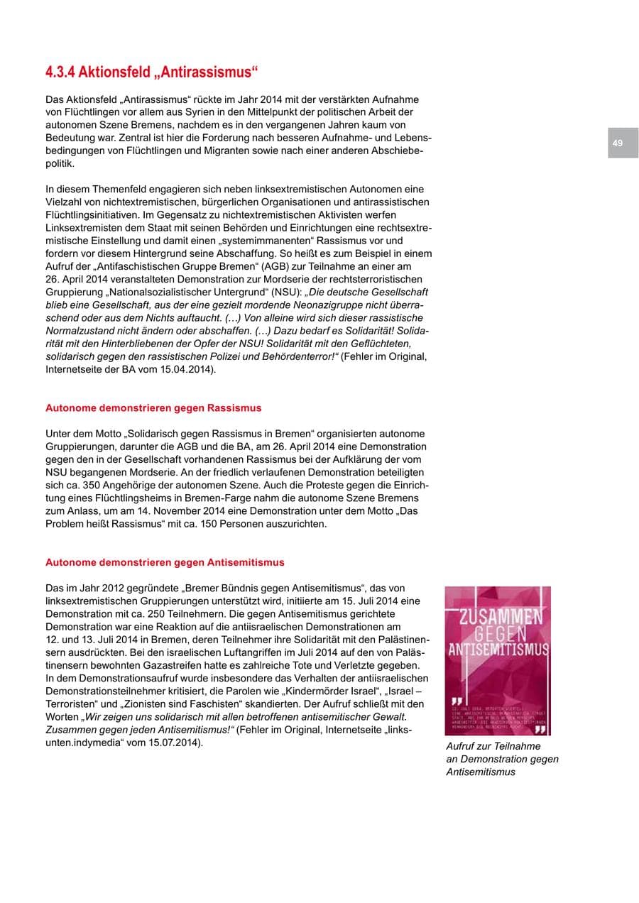 Seite 49 des Verfassungsschutzbericht 2014 Bremen